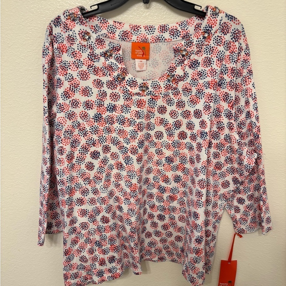 Hearts of Palm Women's Red and Blue Patterned Long Sleeve Top